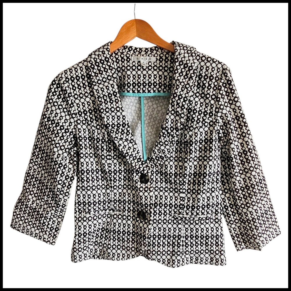 Cabi Blazer Jacket Black White Circle Print Career Casual Cotton Blend Sz‎ 4